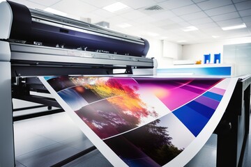 Large wide digital inkjet printing machine during production. Generative Ai. - obrazy, fototapety, plakaty