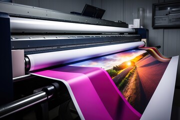 Large wide digital inkjet printing machine during production. Generative Ai.