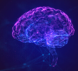 Brain. Brain with synapses and glowing neurons. Conceptual image of the birth of an idea. Particles formation of 3d digital form structure of the brain