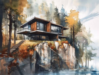 Illustration of a villa with a modern architecture built on rocky land. Environmentally friendly design where the contour of the existing stony soil is maintained. 