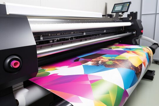 Large wide digital inkjet printing machine during production. Generative Ai.