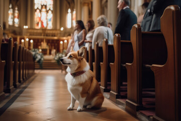 Pembroke Welsh Corgi pet dog waiting in the aisle of a British royal family church, in celebration of King Charles III's coronation. Generative AI.