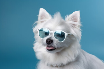 Funny stylish cool white dog dressed up for summer wearing blue sunglasses, portrait shot against a blue studio background. Generative AI.