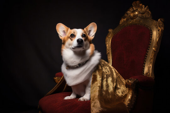 Pembroke Welsh Corgi dog dressed with a British royal family crown & robe, in celebration of King Charles III's coronation. Generative AI.