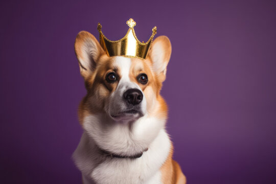 Pembroke Welsh Corgi dog dressed with a British royal family crown & robe, in celebration of King Charles III's coronation. Generative AI.