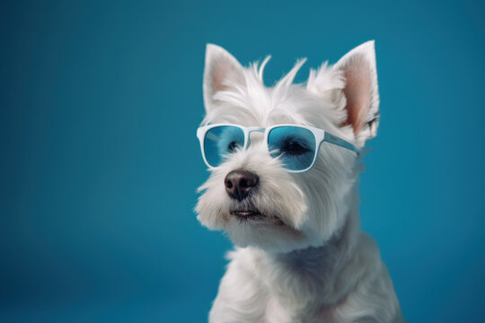 Funny stylish cool white dog dressed up for summer wearing blue sunglasses, portrait shot against a blue studio background. Generative AI.