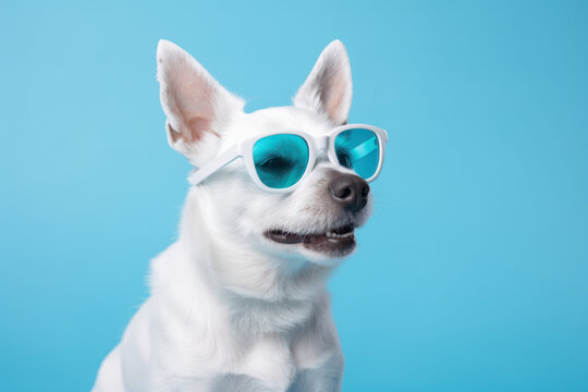 Funny stylish cool white dog dressed up for summer wearing blue sunglasses, portrait shot against a blue studio background. Generative AI.