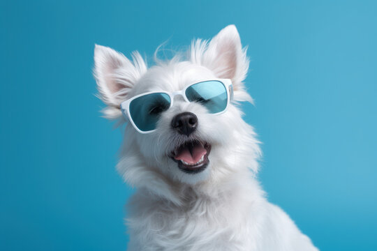 Funny stylish cool white dog dressed up for summer wearing blue sunglasses, portrait shot against a blue studio background. Generative AI.