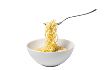 Plate with cooked noodles. The fork takes the noodles. Instant noodles