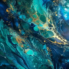 "Oceanic Depths": Create a fluid art image that features deep shades of blue and green, reminiscent of ocean waters. Add metallic accents to create depth and shimmer