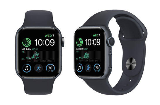 Apple Watch SE, in front side and sideways, in official midnight color, on white background. Powerful sensors for insights about your health and fitness