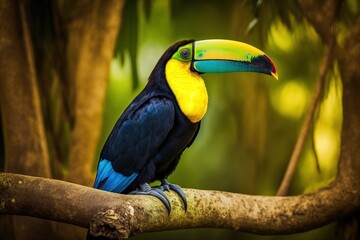 Keel-billed toucan, or Ramphastos sulfuratus, is a large bird native to Central America. Riviera Maya, Mexico's Playa del Carmen. Generative AI