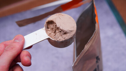 closeup of a serving of soy protein powder. A vegan source of protein