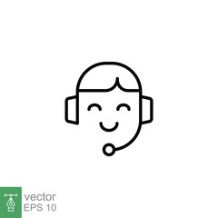 Call center operator icon. Happy operator, hotline service support in headset concept. Simple outline style. Thin line symbol. Vector illustration isolated on white background. EPS 10.