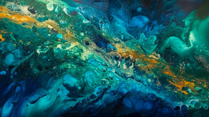"Oceanic Depths": Create a fluid art image that features deep shades of blue and green, reminiscent of ocean waters. Add metallic accents to create depth and shimmer