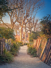 Fototapeta premium Narrow footpath in the park along wooden fence, plants and sycamore trees in the square of Asnieres-sur-Seine mairie, Paris, France