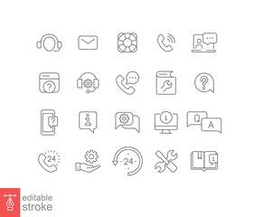 Help and support line icon set. Simple outline style symbol for web template and app. Online service and call center concept. Vector illustration isolated on white background. Editable stroke EPS 10.