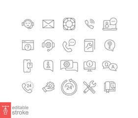 Help and support line icon set. Simple outline style symbol for web template and app. Online service and call center concept. Vector illustration isolated on white background. Editable stroke EPS 10.