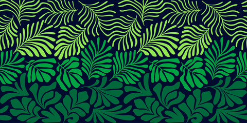 Naklejka na ściany i meble Green gradient abstract background with tropical palm leaves in Matisse style. Vector seamless pattern with Scandinavian cut out elements.