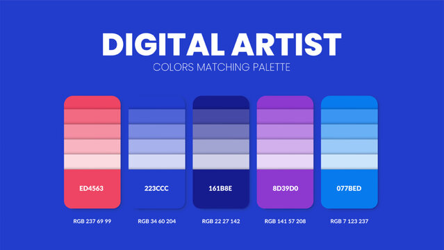 Color palette in Digital Artist colour theme collections. Color inspiration or colour chart with codes template. Color combination set of RGB. Colors swatch for graphic design, art, fashion or website