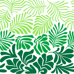 Fototapeta na wymiar White green abstract background with tropical palm leaves in Matisse style. Vector seamless pattern with Scandinavian cut out elements.