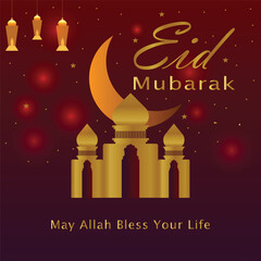 Eid Mubarak illustration with luxury design. Blue pink gradient eid mubarak background design with star and moon. Islamic light design with eid mubarak, eid mubarak moon mosque beautiful background