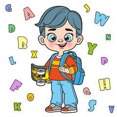 Cute cartoon boy with school backpack holding skateboard in handcolor variation for coloring page on a white background