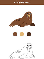 Color cute cartoon walrus. Worksheet for kids.
