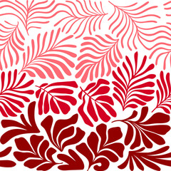 Red white abstract background with tropical palm leaves in Matisse style. Vector seamless pattern with Scandinavian cut out elements.