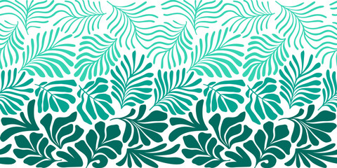 Turquoise white abstract background with tropical palm leaves in Matisse style. Vector seamless pattern with Scandinavian cut out elements. - 589212158