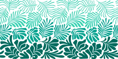 Tafelkleed Turquoise white abstract background with tropical palm leaves in Matisse style. Vector seamless pattern with Scandinavian cut out elements. © Oleksandra