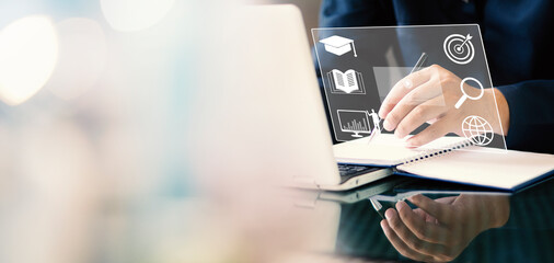 E-learning education, internet lessons and online webinar. Person who attends online lessons on a digital screen.Education internet Technology.