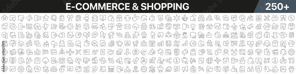 Poster E-commerce and shopping linear icons collection. Big set of more 250 thin line icons in black. E-commerce and shopping black icons. Vector illustration