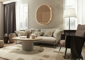 The interior of the living room is designed in subdued warm shades. Beige, grey, white and brown combine harmoniously with natural materials such as wood or stone. Japandi style. 3D illustration