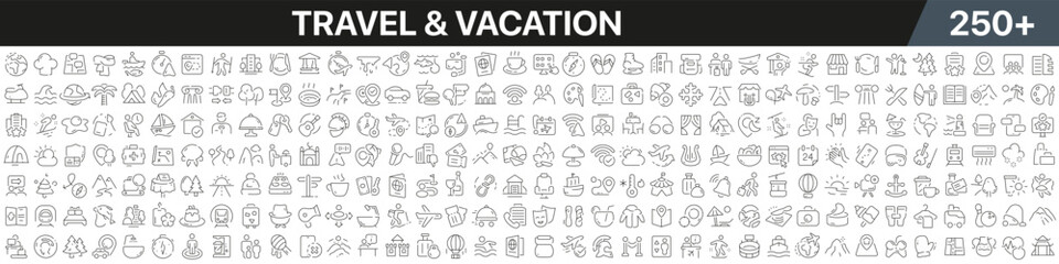 Travel and vacation linear icons collection. Big set of more 250 thin line icons in black. Travel and vacation black icons. Vector illustration