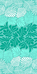 Turquoise gradient abstract background with tropical palm leaves in Matisse style. Vector seamless pattern with Scandinavian cut out elements.