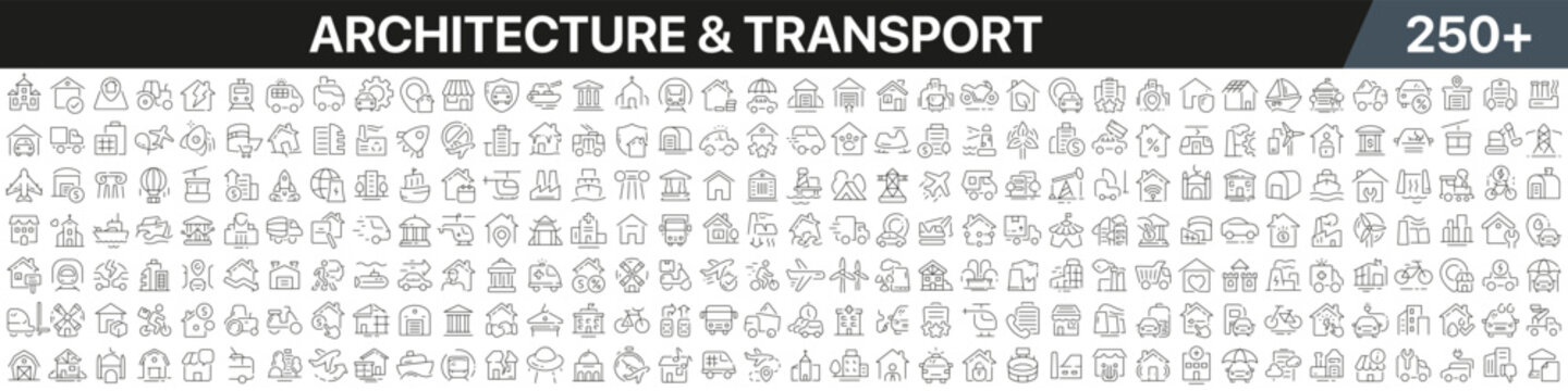 Architecture and transport linear icons collection. Big set of more 250 thin line icons in black. Architecture and transport black icons. Vector illustration