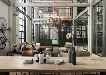 Modern, spacious loft apartment, designed as an open-plan interior with a living room, dining romm, separated bedroom, kitchen, home office and bathroom on the mezzanine. 3d illustration