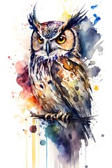 Brown owl watercolor illustration. Small wild nature bird sketch sitting on a branch. watercolor drawing. Isolated on white background. AI generated