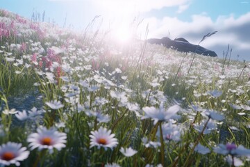 Fototapeta na wymiar spring meadow flower marguerites sun camommiles generative ai 