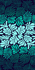 Turquoise green abstract background with tropical palm leaves in Matisse style. Vector seamless pattern with Scandinavian cut out elements.