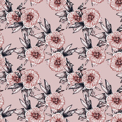 Peonies and leaves composition seamless pattern.