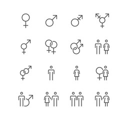 Set of gender related icons, public restroom sign, different gender user avatar, relationship and linear variety symbols.	

