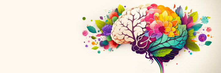 Human brain with spring colorful flowers. World Mental Health day banner. Concept of mental health, self care, happiness, harmony, positive thinking, creative mind. Generative ai. - obrazy, fototapety, plakaty