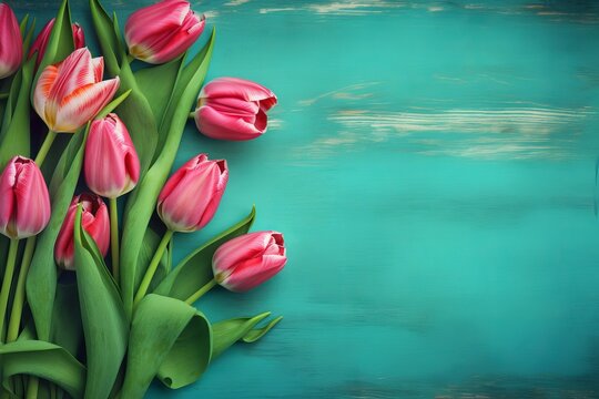 Pink tulips on green vintage wooden background