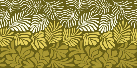 Khaki yellow abstract background with tropical palm leaves in Matisse style. Vector seamless pattern with Scandinavian cut out elements.