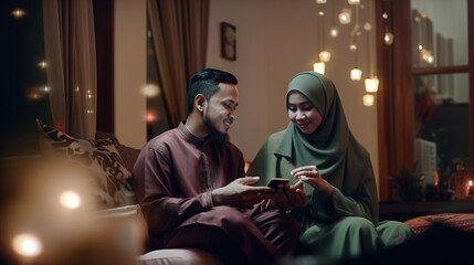 Fototapeta na wymiar happy malay couple muslim watching online content via smartphone. Both of them sitting on the sofa in the house with cinematic lighting.