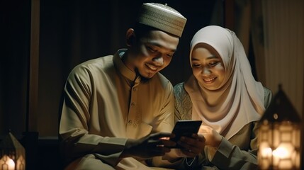 Plakat happy malay couple muslim watching online content via smartphone. Both of them sitting on the sofa in the house with cinematic lighting.