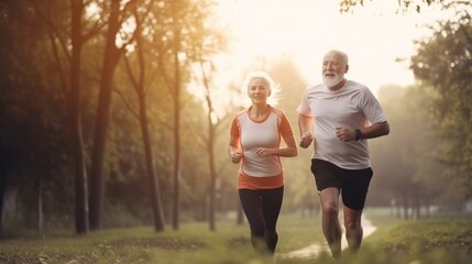 Elderly couple happily jogging together. Generative AI