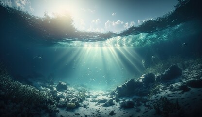 Under water sea sunlight , ultrawide shot. Generative AI
